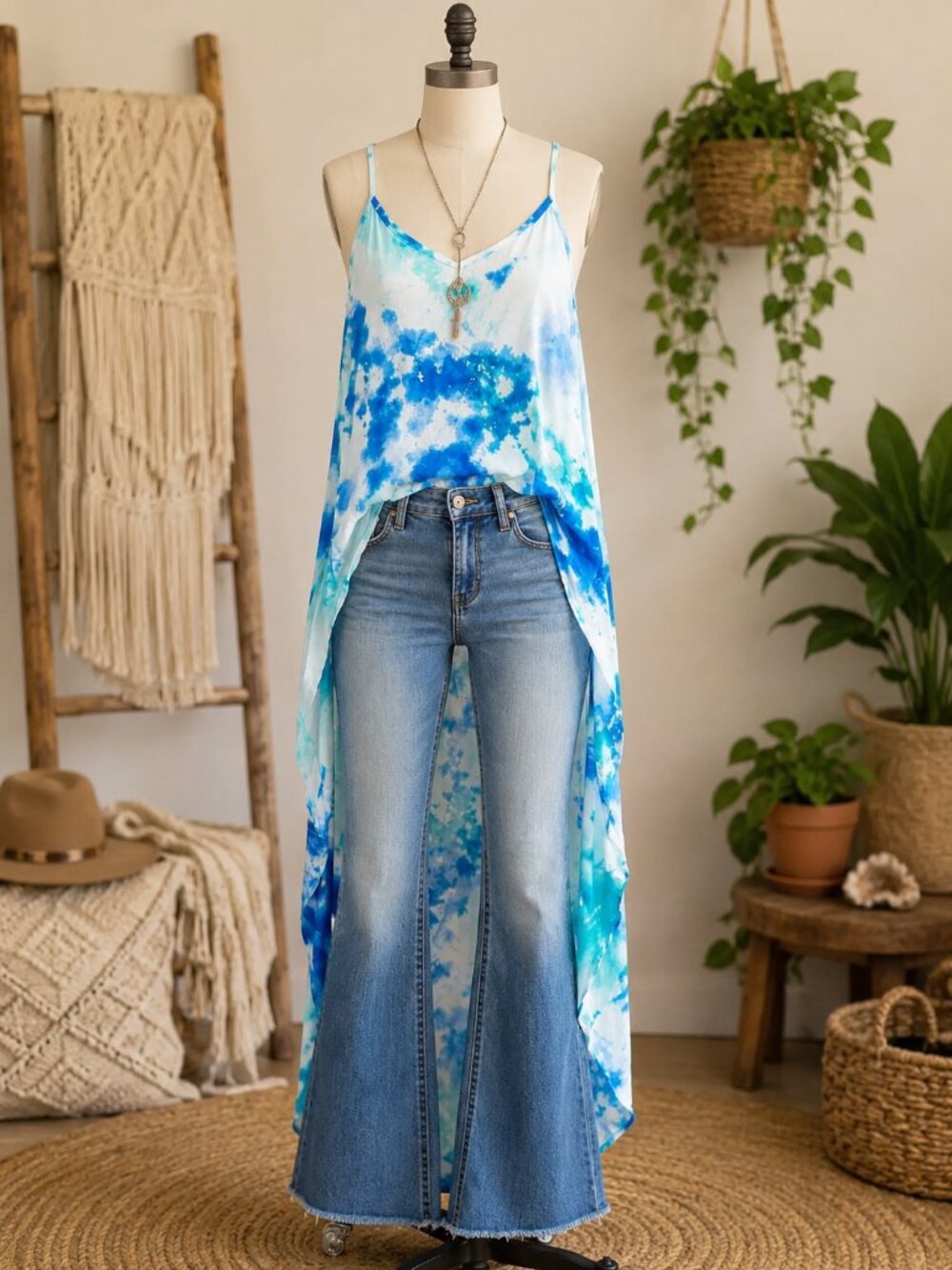 Maxi Length Spaghetti Strap Tank Top Hi-Lo Style Tie-Dye Boho Festival Cover-up
